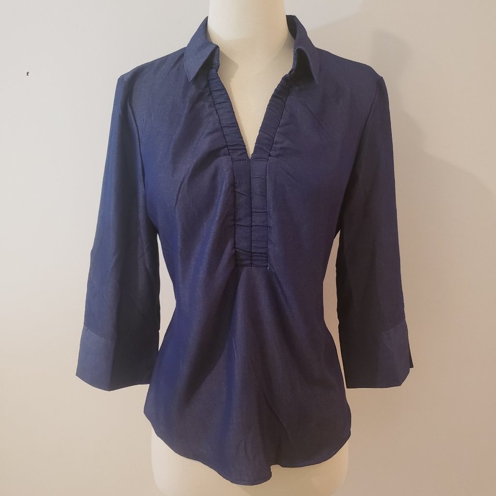 NWT Rayon Denim Sheen Ruffle Blouse - Picture 2 of 9